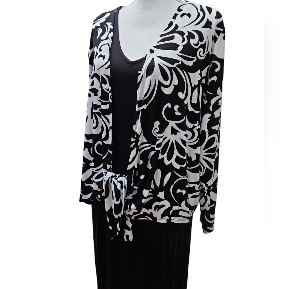 BELLE BY KIM GRAVEL 2 PC MAXI DRESS & SHRUG SZ XL BLACK WHITE - Picture 2 of 8